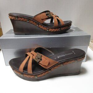 New AQUATALIA Brown Wedges Open Toe Sandals High 7.5 with 3" Heel Braid Buckle